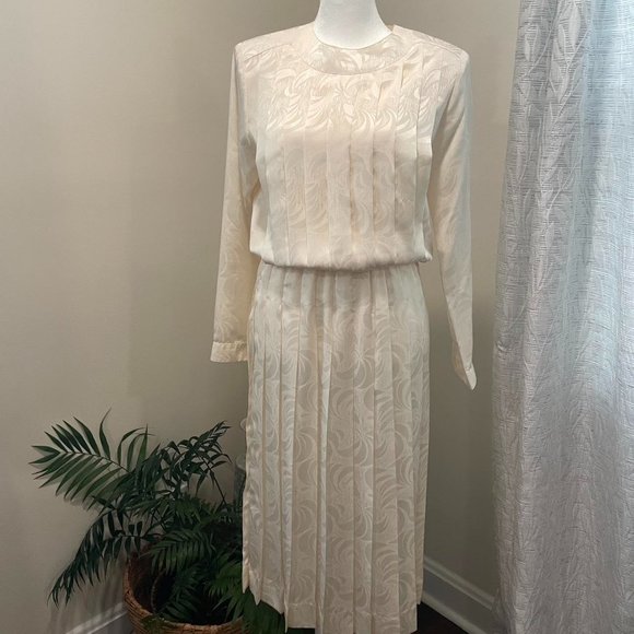 Vintage 80’s Cream Off White Long Sleeve Dress, Size 6 - Picture 1 of 8